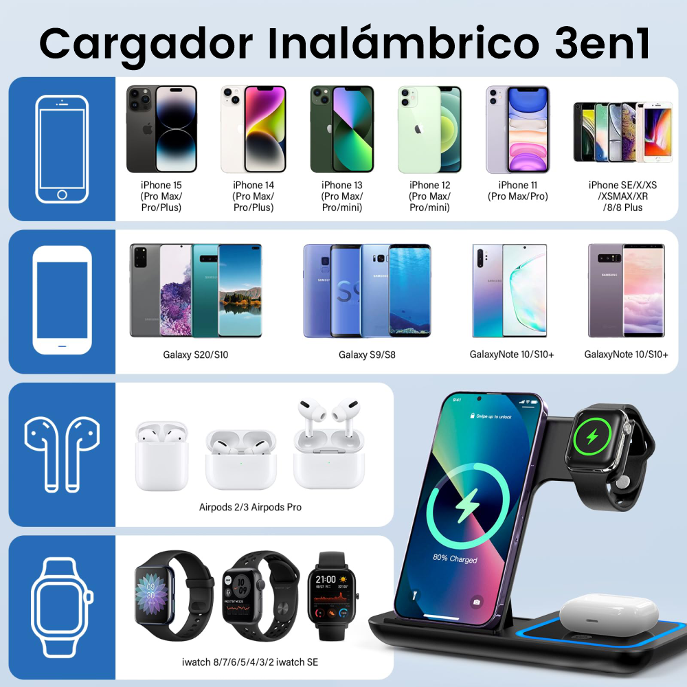 Cargador Inalambrico 3 En 1 Estación QI